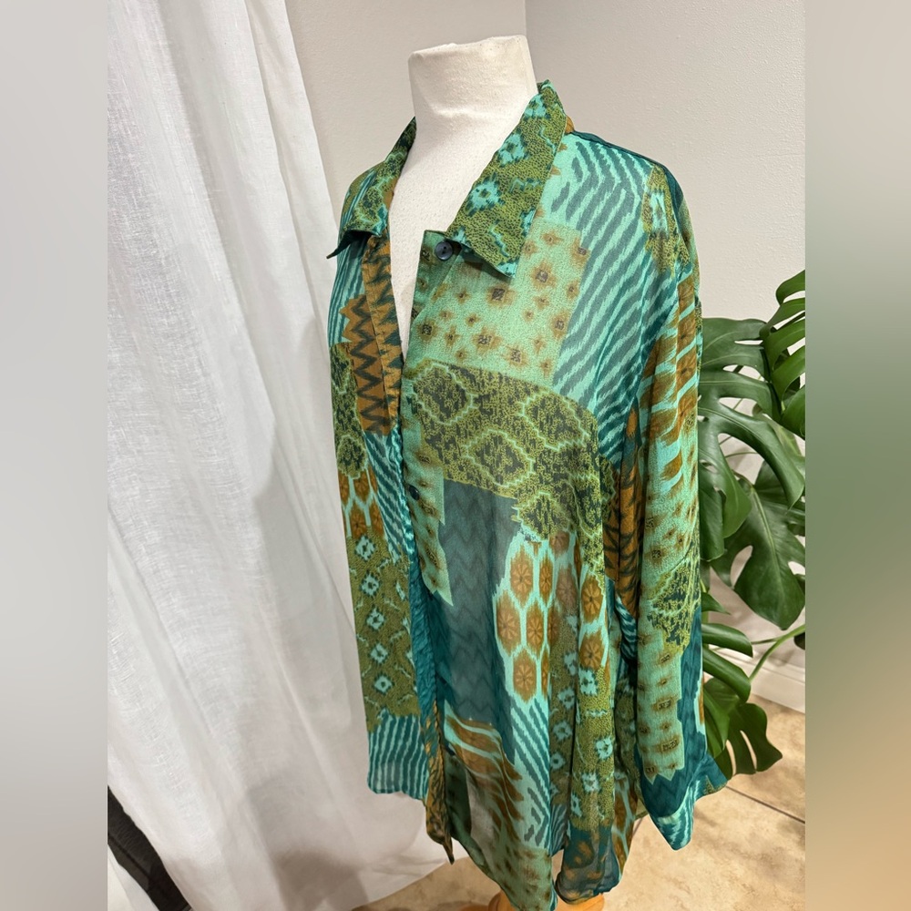 Dalin Plus Sheer Boho Patchwork‎ Button Down Top Green Teal Brown 2X - Picture 2 of 5